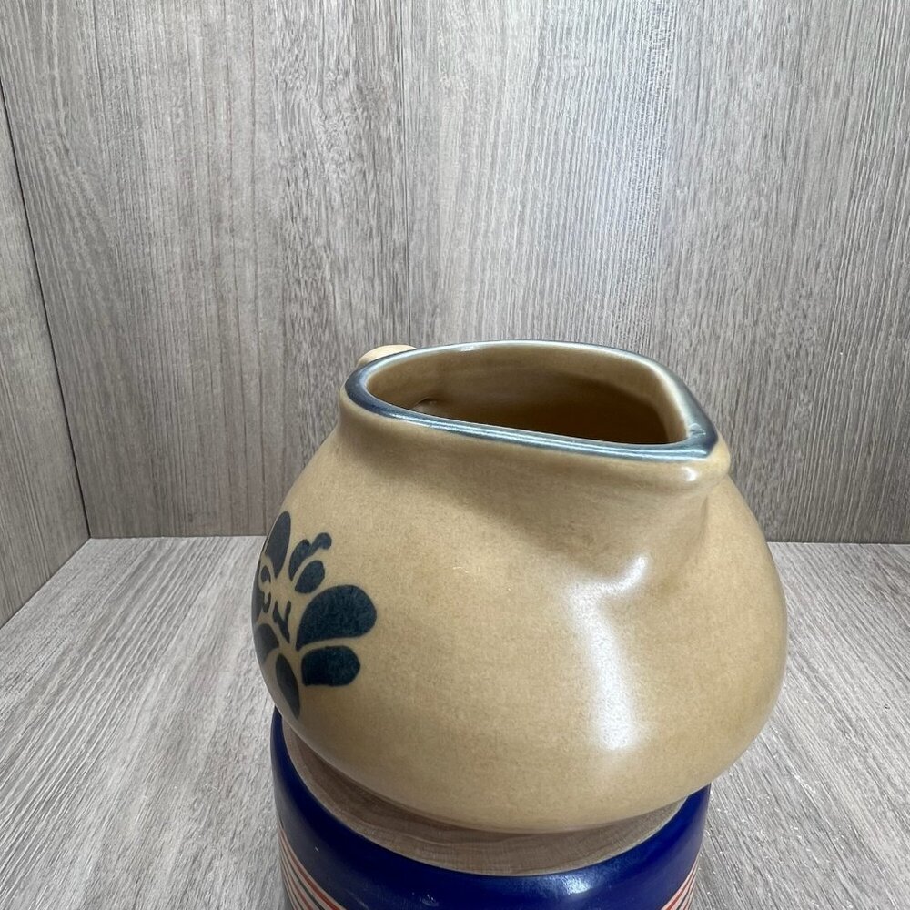 Vtg Pfaltzgraff Folk Art Sugar Bowl Creamer Set of 3 Stoneware Floral Blue Tan - Picture 9 of 16